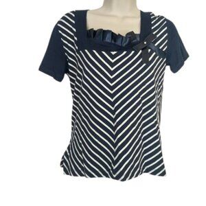 Vintage Kings Island Womens Knit Top Navy Striped Satin Trim Bow Detail JR 3